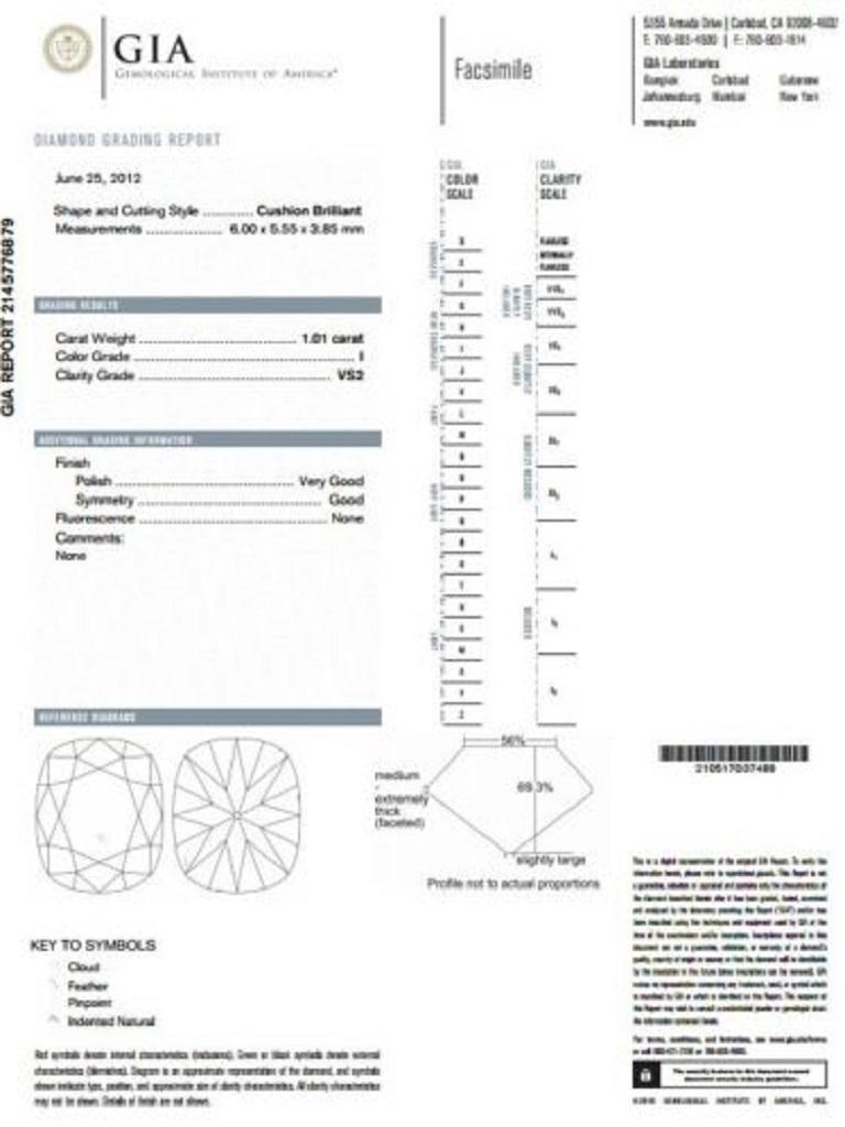 GIA 1.71 Carat Cushion Cut Diamond Ring Platinum I/VS For Sale 1