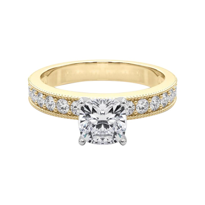 GIA 1,71 Carati Cuscino Vintage con Canale Milgrain Anello con Diamanti in Oro Giallo 18K in vendita