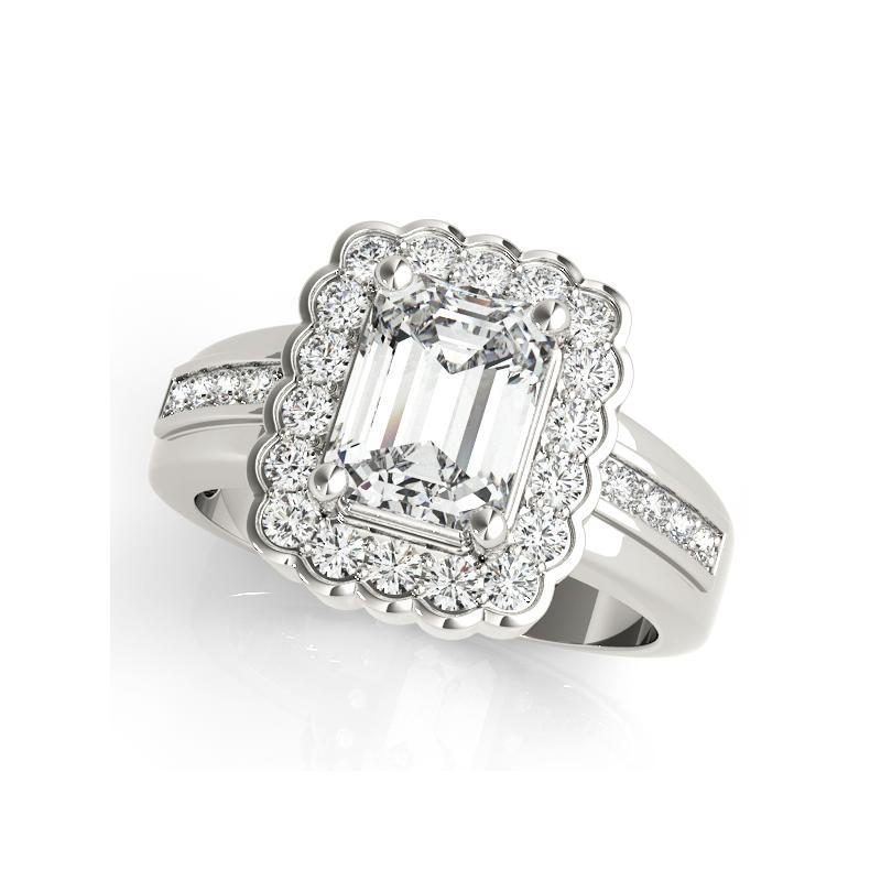 GIA 1,71 Karat Smaragd Spitze Blume Halo Vintage 18K Weißgold Diamantring (Smaragdschliff) im Angebot