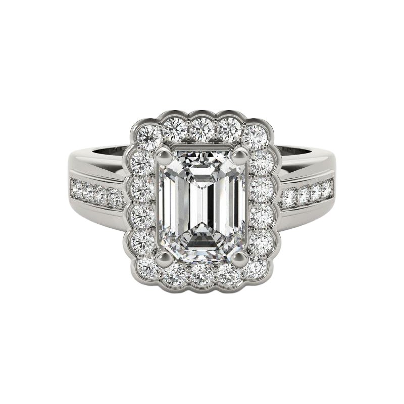 GIA 1,71 Carati Smeraldo a fiore aureolato Anello vintage con diamanti in oro bianco 18K