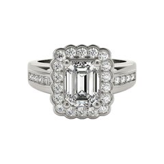 GIA 1.71 Carat Emerald Lace Flower Halo Vintage 18K White Gold Diamond Ring