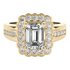 GIA 1,71 carati di smeraldo con fiore aureolato Anello vintage con diamanti in oro giallo 18 carati