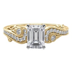 GIA 1.71 Carat Emerald Three-Stone Curved Bypass 18K Yellow Gold Diamond Ring