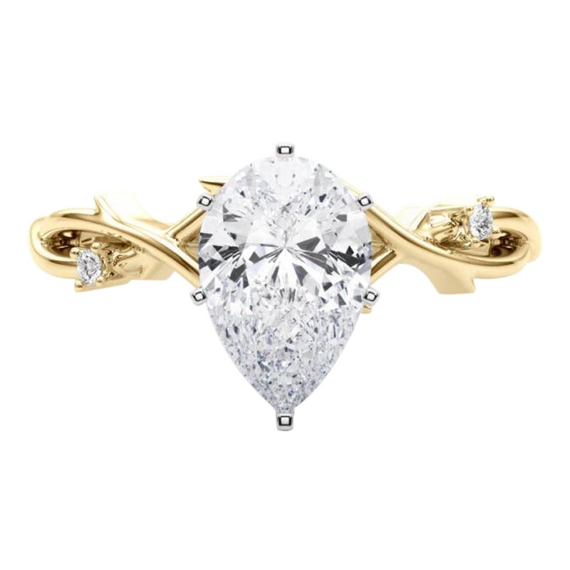 GIA 1,71 Carati Pear Vine Band Anello con diamanti in oro giallo 18K ispirato alla Nature