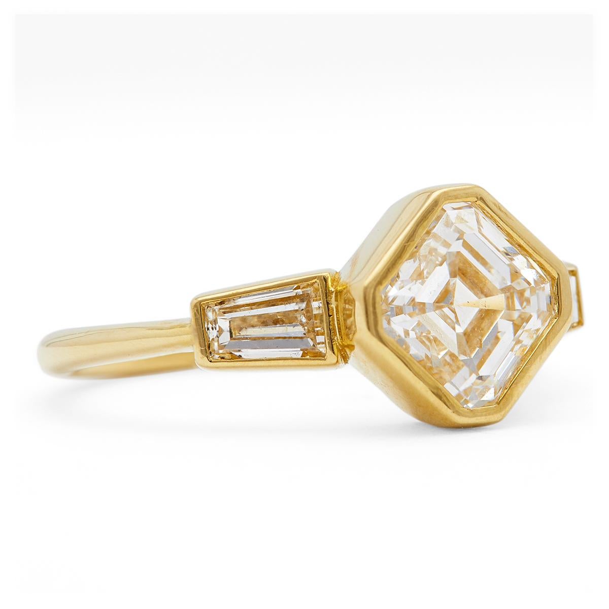 GIA 1.71 Carats Asscher Cut Diamond 18k Yellow Gold Three Stone Ring 1