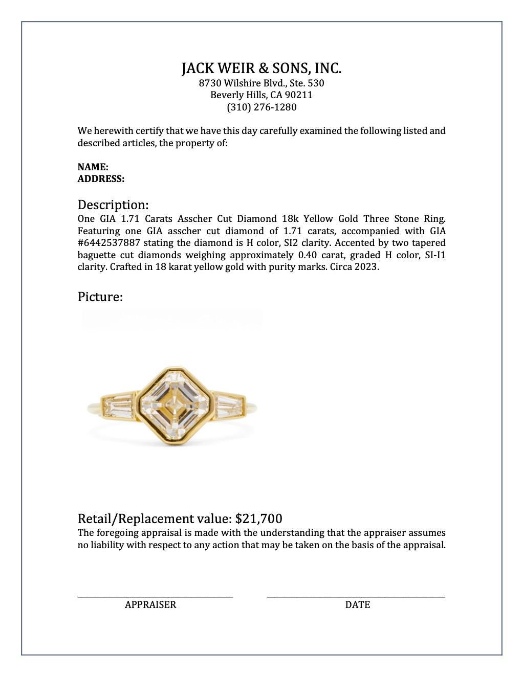 GIA 1.71 Carats Asscher Cut Diamond 18k Yellow Gold Three Stone Ring 4