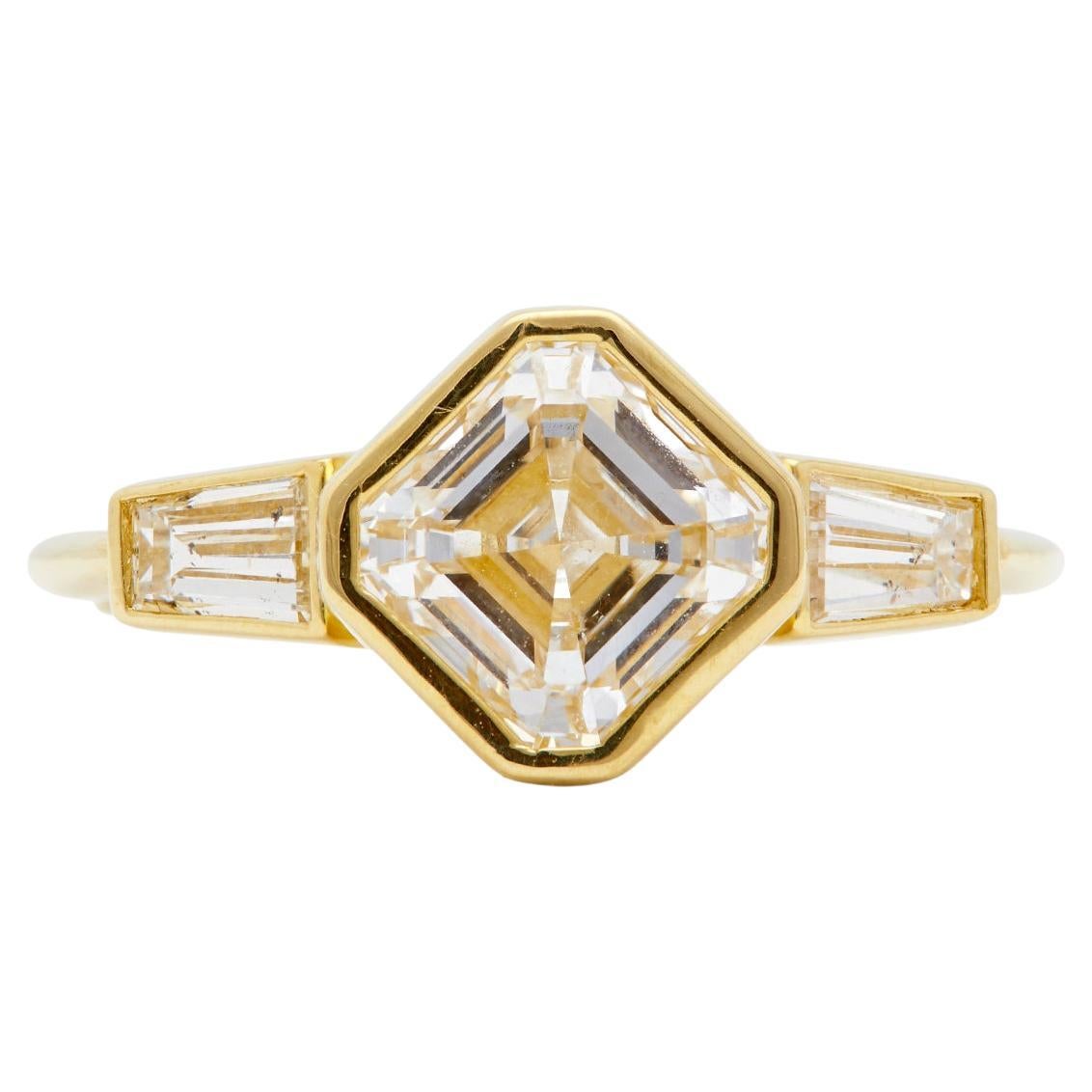 GIA 1.71 Carats Asscher Cut Diamond 18k Yellow Gold Three Stone Ring