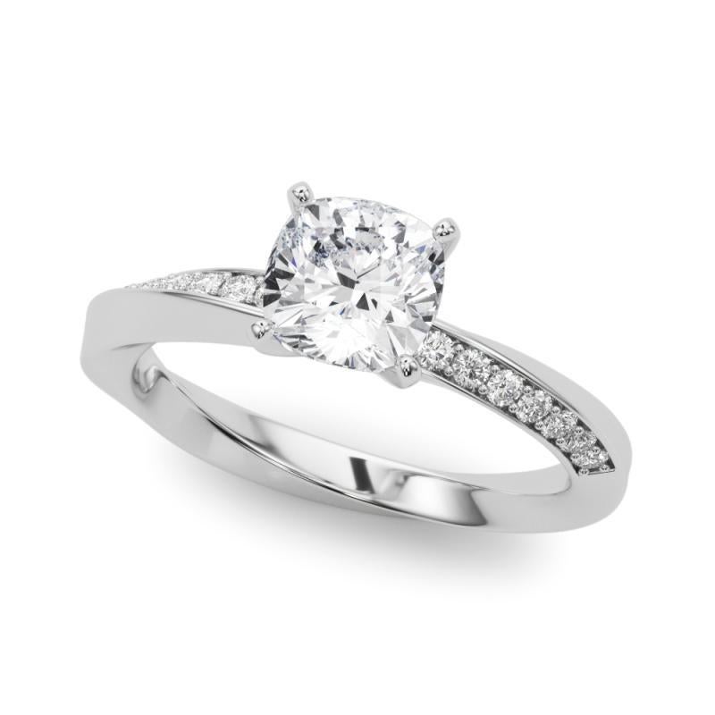 Taille coussin GIA 1.71ct Cushion Solitaire Twisted Square Band Bague diamant en or blanc 18K en vente