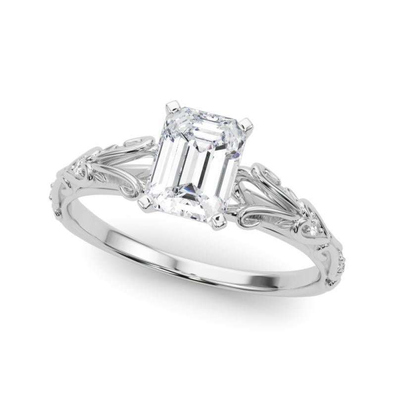 Emerald Cut GIA 1.71ct Emerald Vintage 3-Stone Heart & Vine 18K White Gold Diamond Ring For Sale