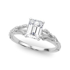 GIA 1.71ct Emerald Vintage 3-Stone Heart & Vine 18K White Gold Diamond Ring