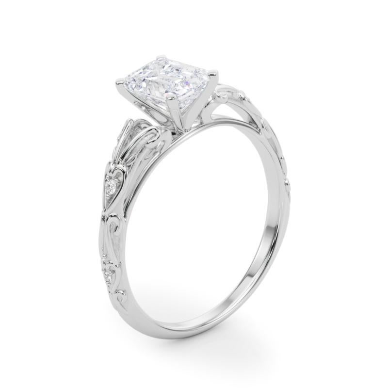 GIA 1.71ct Emerald Vintage 3-Stone Heart & Vine 18K White Gold Diamond Ring For Sale 1