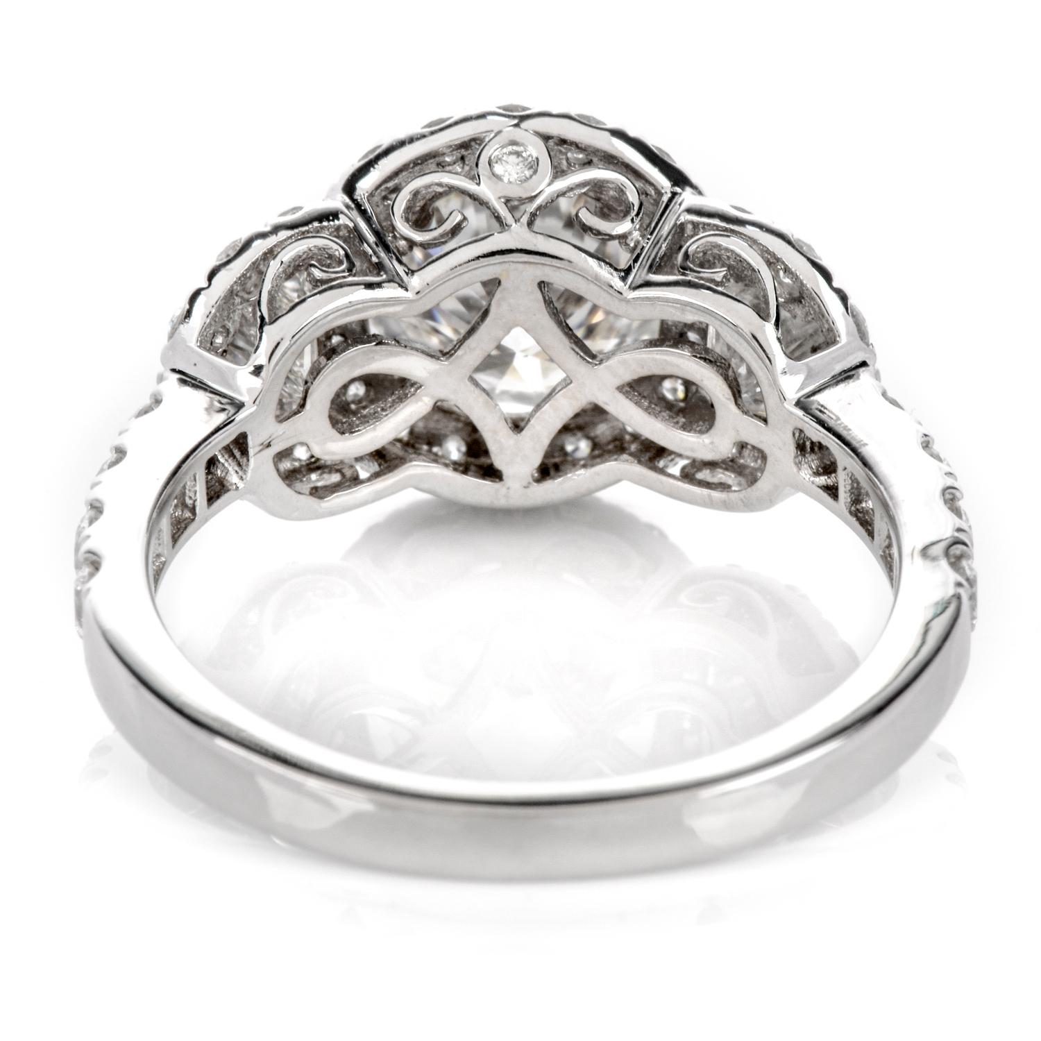 GIA 1.72 Carat Round Diamond 18 Karat Gold 3-Stone Halo Engagement Ring For Sale 1