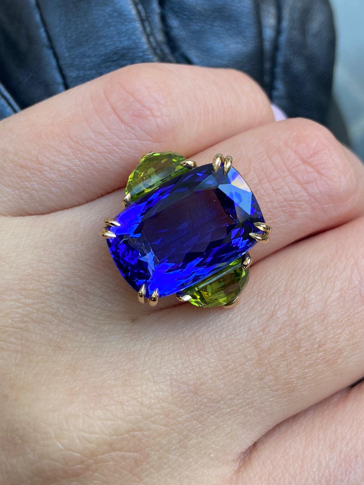 Women's GIA 17.23ct Deep Blue Violet Cushion Tanzanite Peridot and Diamond Trilogy Ring