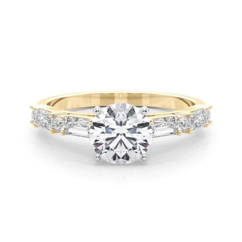 Taglio rotondo GIA 1,72ct Anello con diamanti tondi e baguette a fascia in oro giallo 18K in vendita