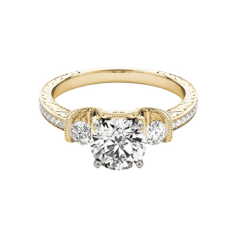 GIA 1.72ct Round Three-Stone Channel Engraved 18K Yellow Gold Diamond Ring (bague à diamant en or jaune de 1.72ct)
