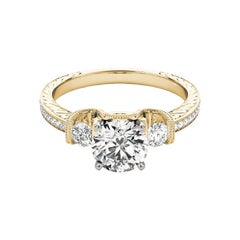 GIA 1.72ct Round Three-Stone Channel Engraved 18K Yellow Gold Diamond Ring (bague à diamant en or jaune de 1.72ct)
