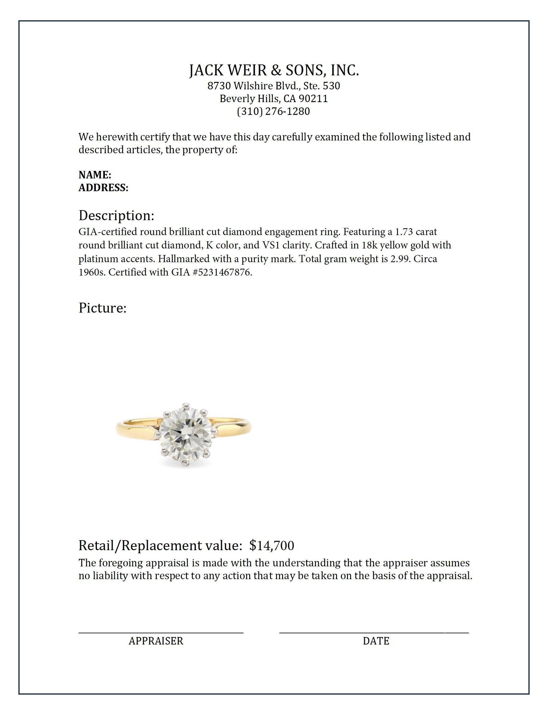 Women's or Men's GIA 1.73 carat round brilliant cut diamond 18k yellow gold engagement ring For Sale