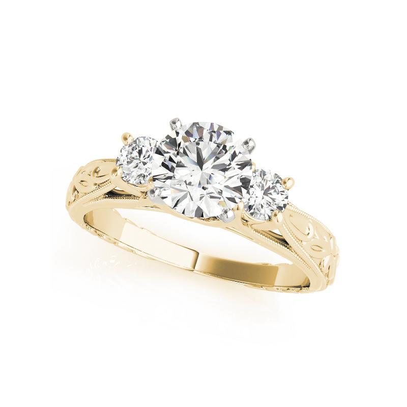 Round Cut GIA 1.73 Carat Round Three-Stone Vintage Milgrain 18K Yellow Gold Diamond Ring For Sale