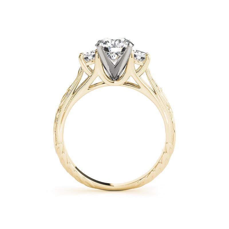 GIA 1.73 Carat Round Three-Stone Vintage Milgrain 18K Yellow Gold Diamond Ring In New Condition For Sale In New York, NY