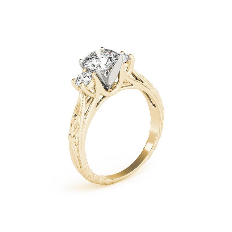 Women's GIA 1.73 Carat Round Three-Stone Vintage Milgrain 18K Yellow Gold Diamond Ring For Sale