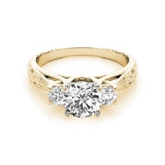 GIA 1.73 Carat Round Three-Stone Vintage Milgrain 18K Yellow Gold Diamond Ring