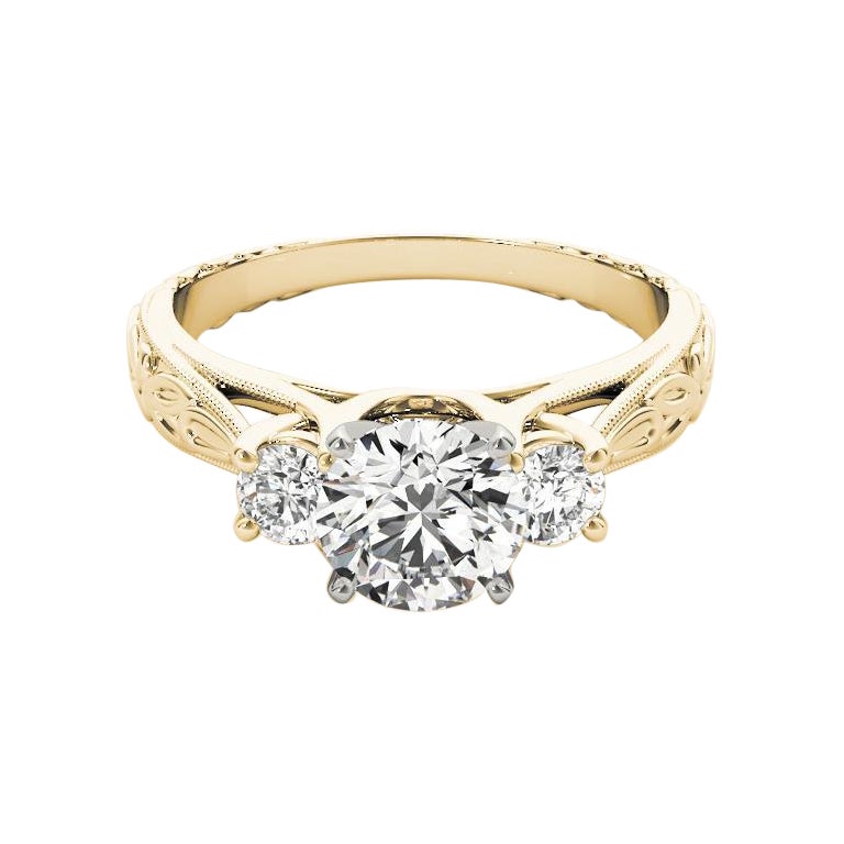 GIA 1,73 Karat runder Dreistein Vintage Milgrain 18K Gelbgold Diamantring