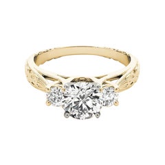 GIA 1.73 Carat Round Three-Stone Vintage Milgrain 18K Yellow Gold Diamond Ring
