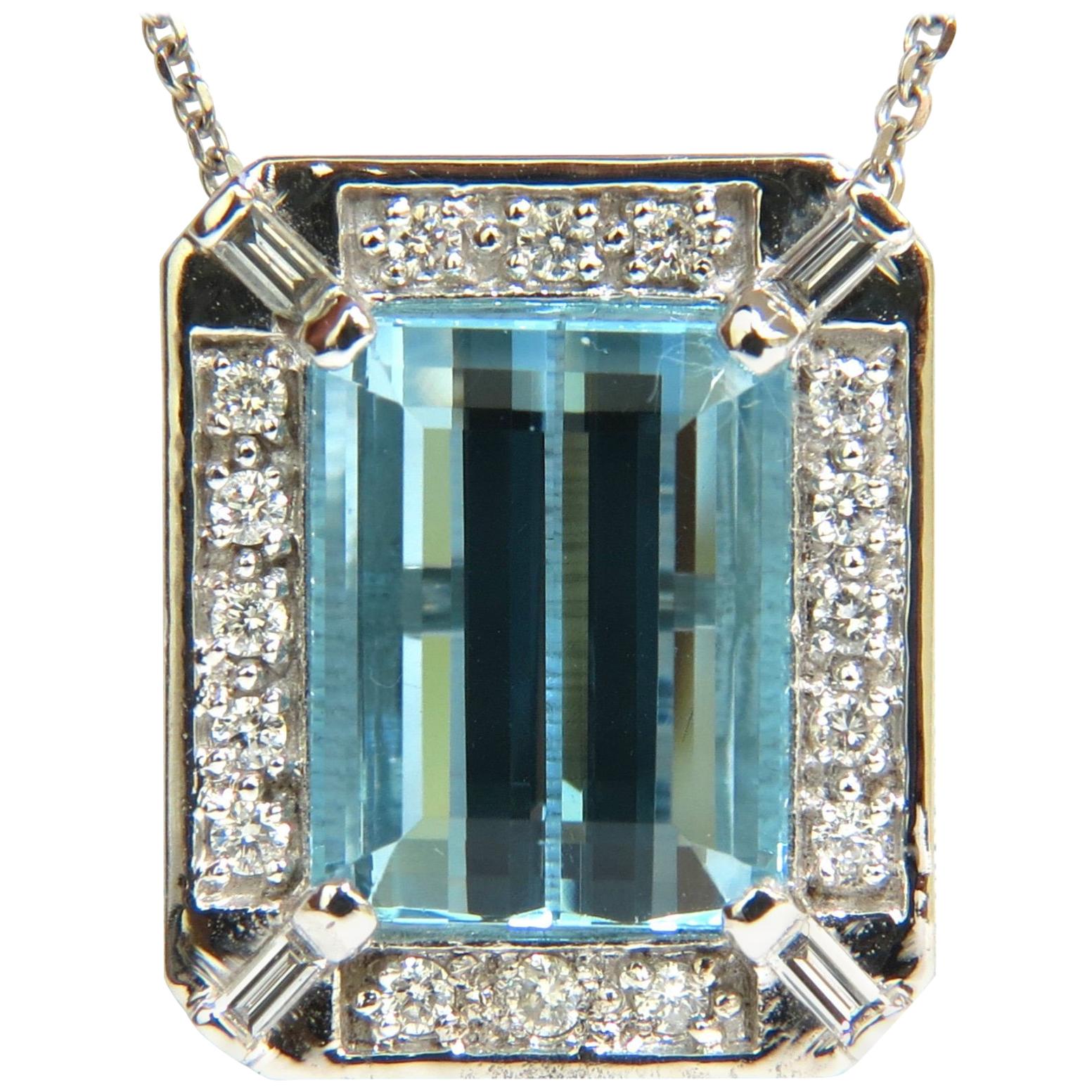 GIA 17.39 Carat Natural Gem Aquamarine Diamond Pendant and Chain 14 Karat