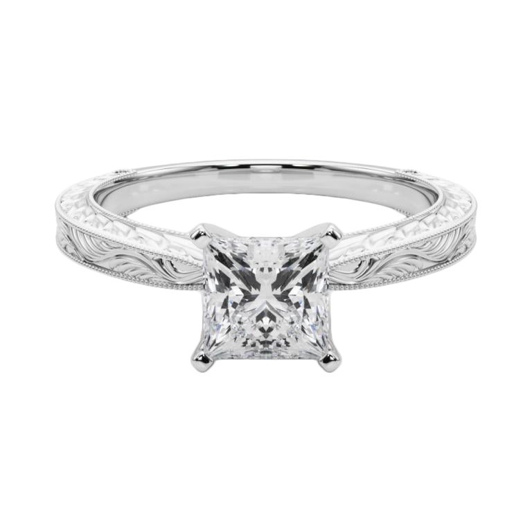 GIA 1,73ct Principessa Solitario Classico Anello di diamanti in oro bianco inciso antico