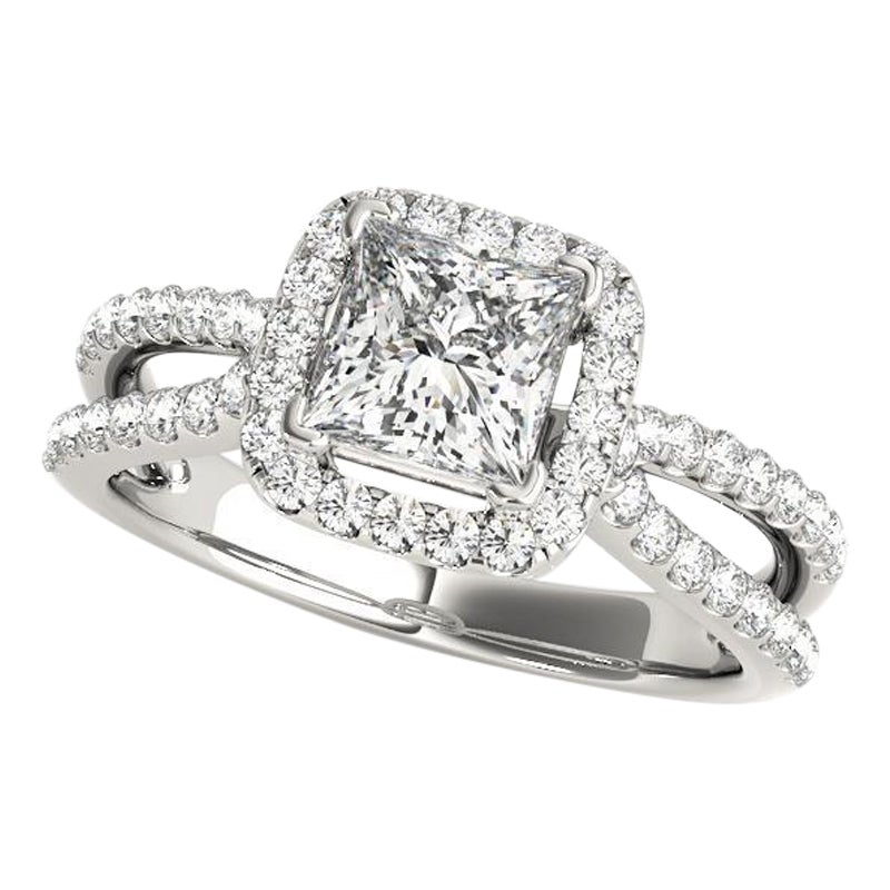 GIA 1,73ct Anello di diamanti in oro bianco con solitario quadrato e aureola spaccata