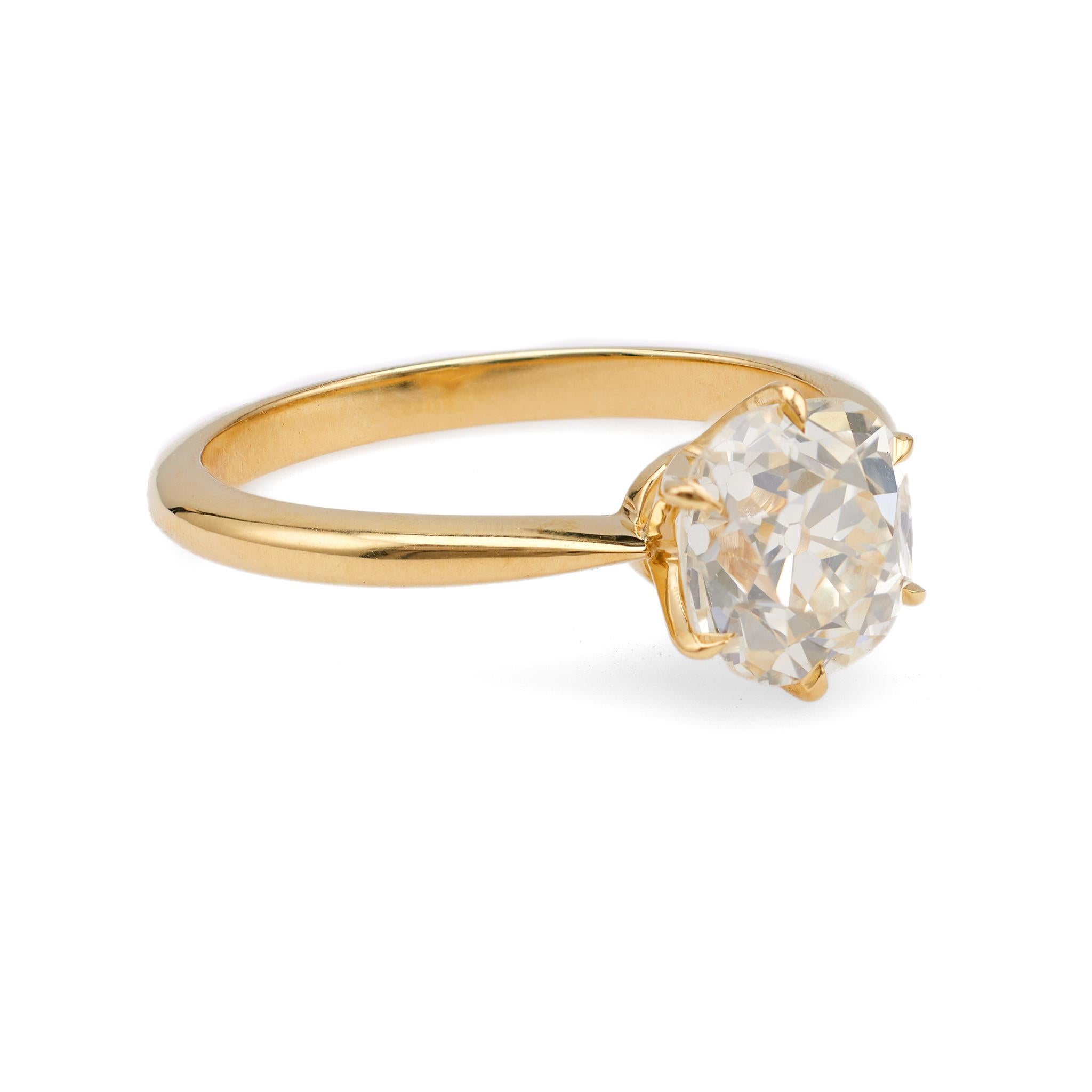 Women's or Men's GIA 1.74 Carat Old Mine Cut Diamond 18k Yellow Gold Solitaire Ring