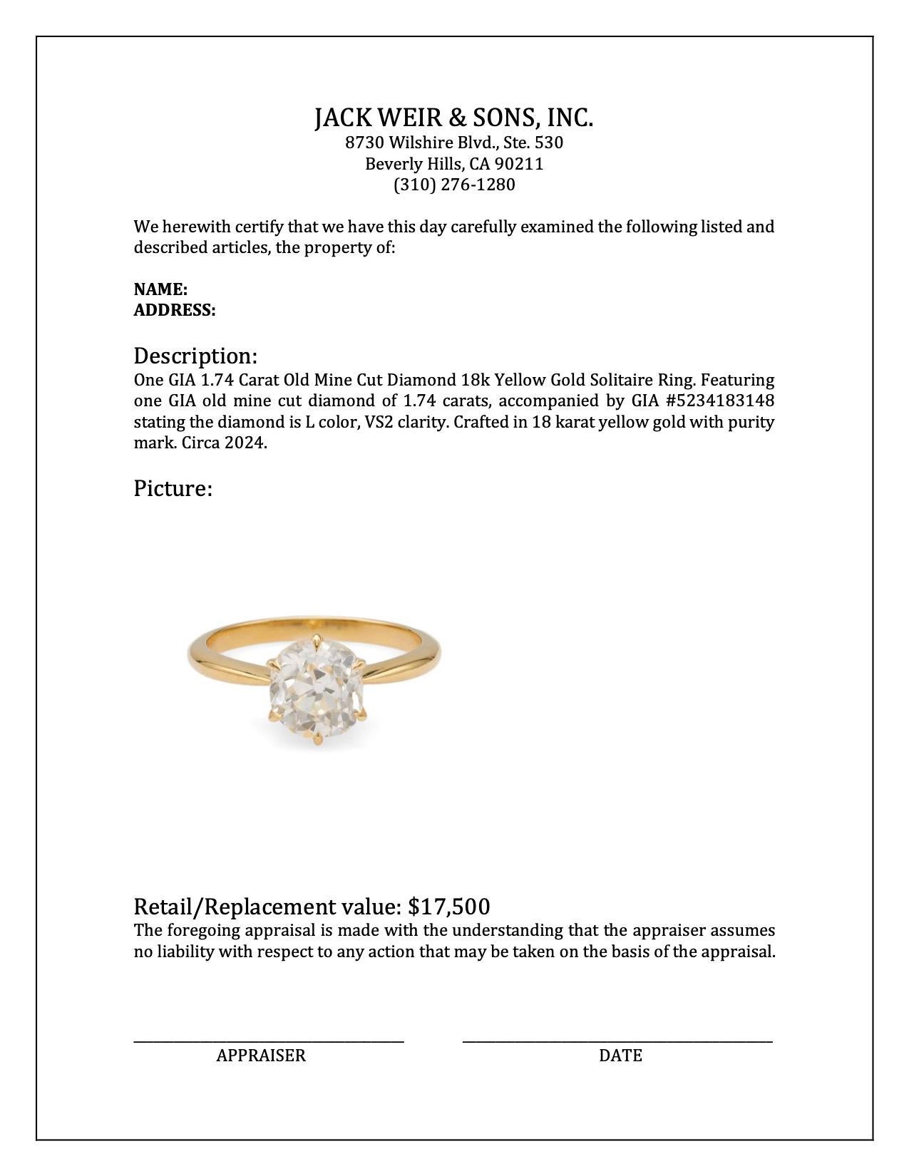Bague solitaire en or jaune 18 carats avec diamant taille vieille mine de 1,74 carat certifié GIA 2