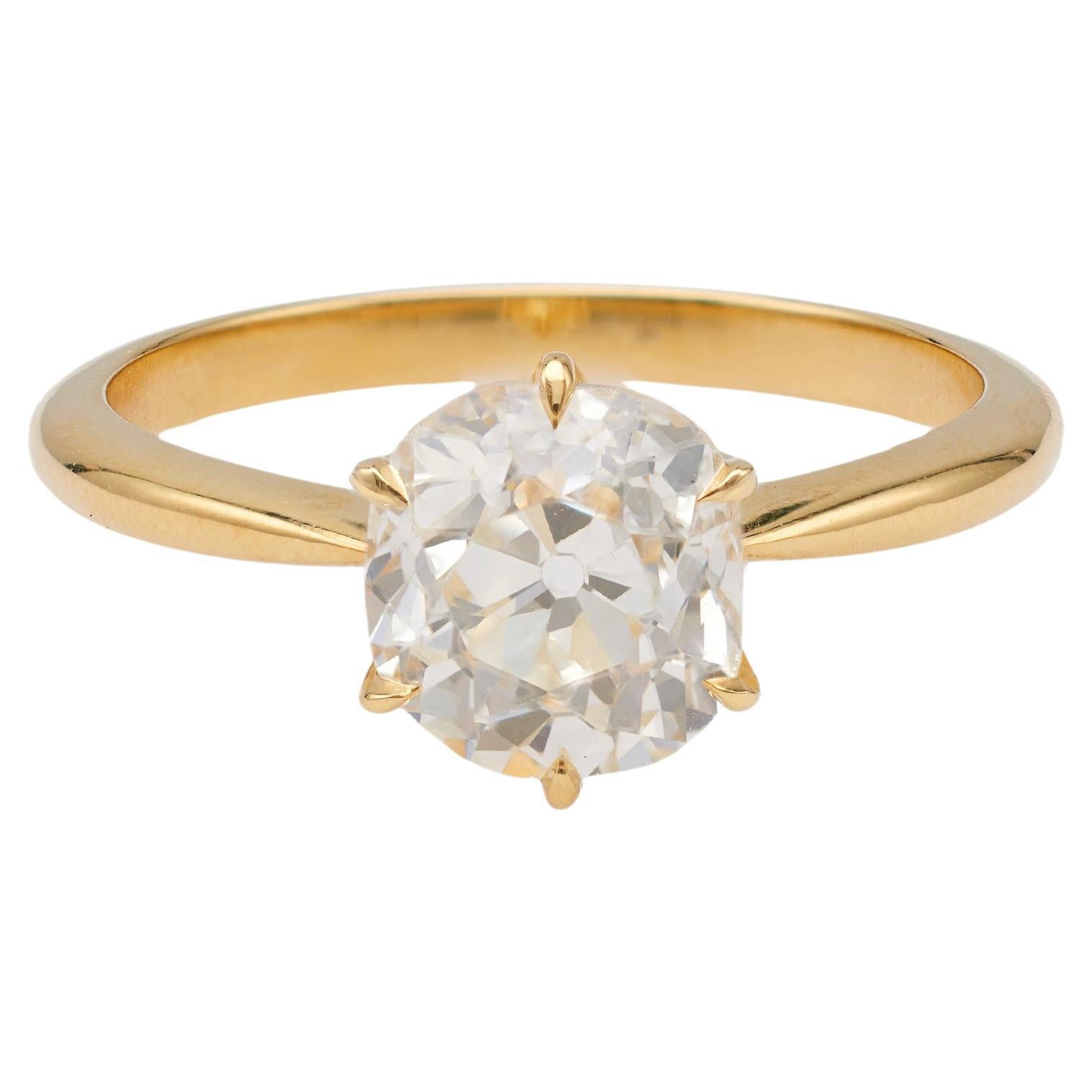 GIA 1.74 Carat Old Mine Cut Diamond 18k Yellow Gold Solitaire Ring