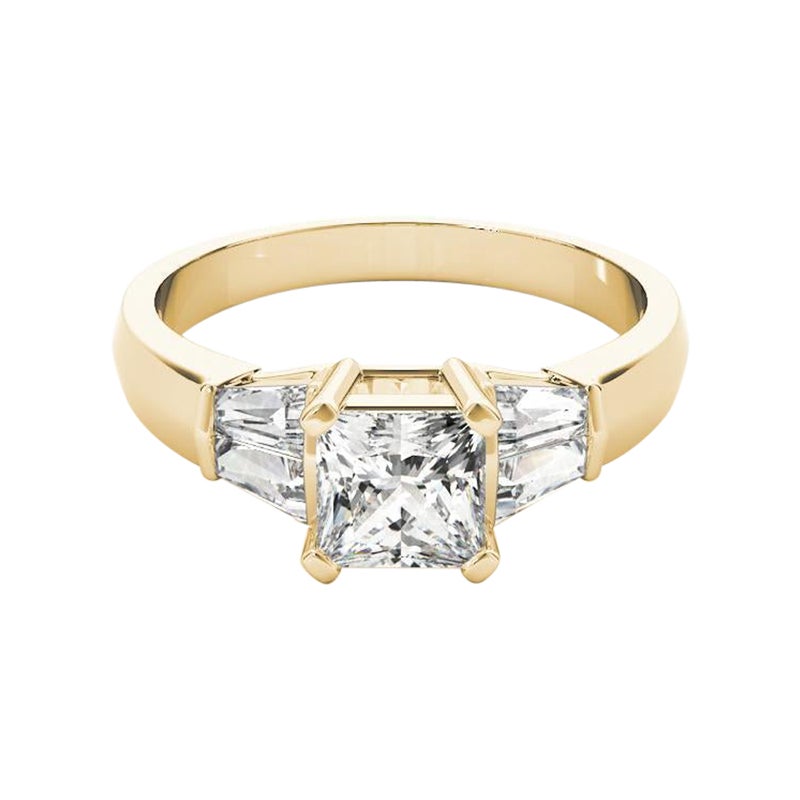 GIA 1.74ct Princess Channel Baguette & Solitaire 18K Yellow Gold Diamond Ring