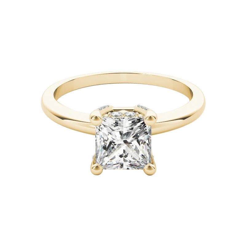 GIA 1.74ct Princesse Solitaire & Halo caché Pavé Bague diamant en or jaune 18K
