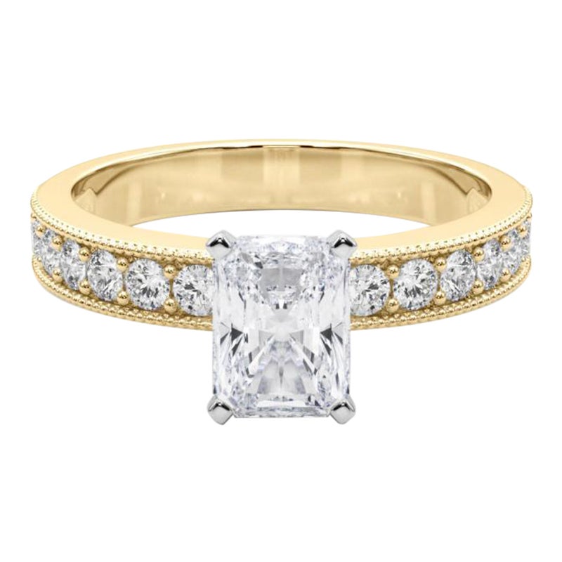 GIA 1,75 Carati Radiant Vintage Milgrain Channel Anello con diamanti in oro giallo 18K