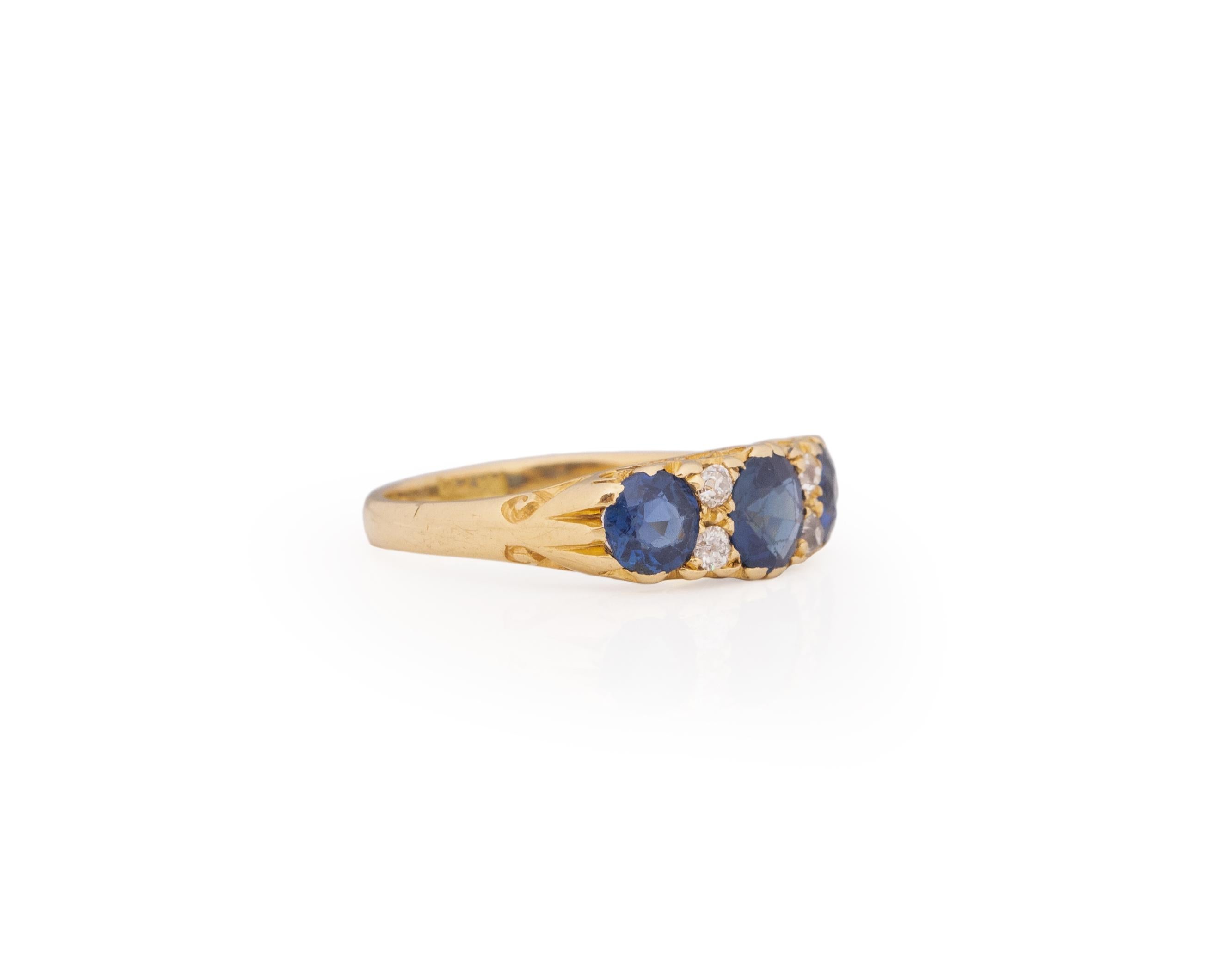 Ring Size: 6.25
Metal Type: 18K Yellow Gold [Hallmarked, and Tested]
Weight: 3.3 grams

Sapphire Details:
GIA REPORT #: 6223460905
Weight: 1.75ct, total weight (3 Sapphires)
Cut: Antique Cushion
Color: Blue

Diamond Details: Natural, Old Mine