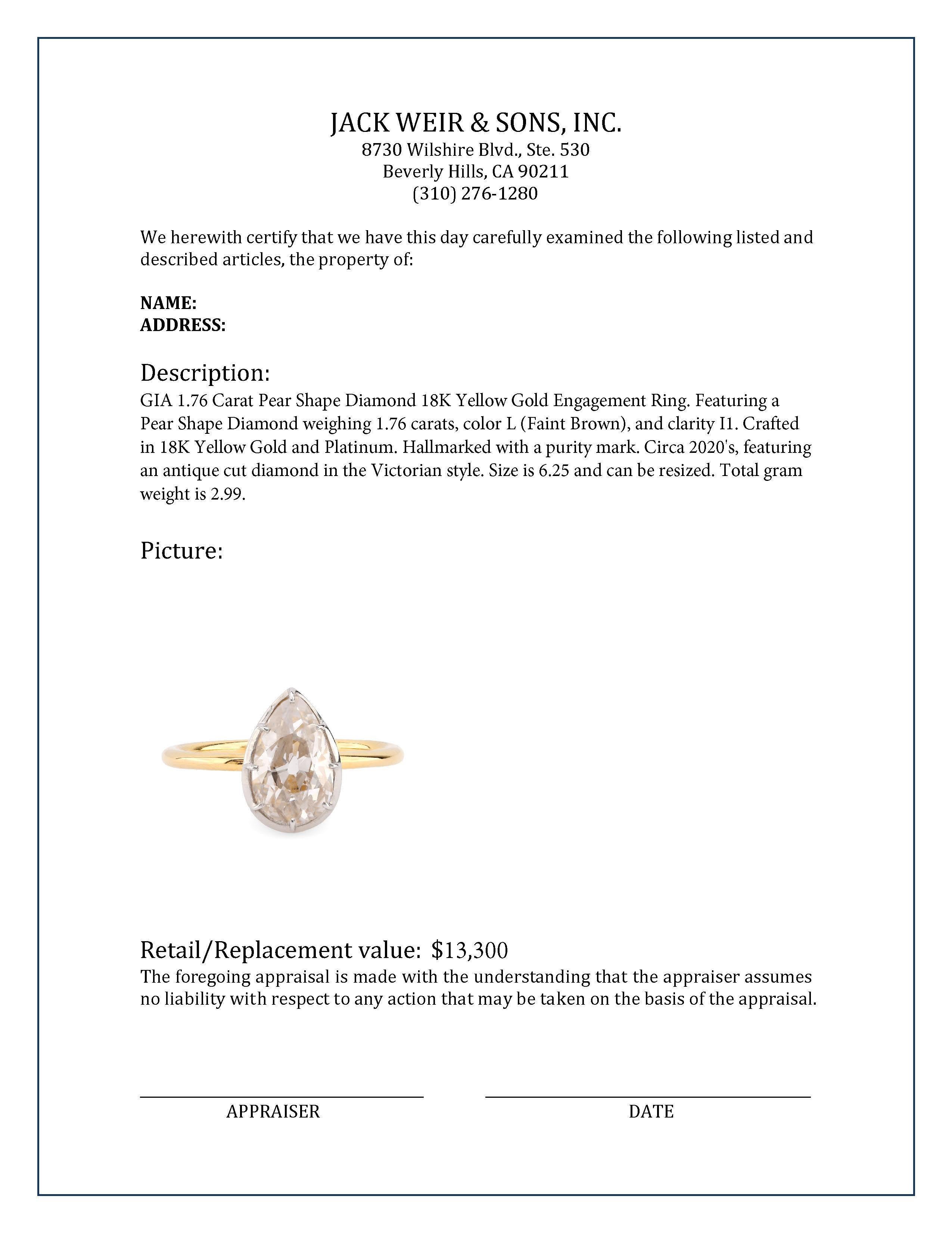 Women's or Men's GIA 1.76 Carat Pear Shape Diamond 18K Yellow Gold Engagement Ring