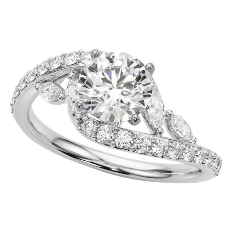 Bague en or blanc GIA 1,76 carat Round Curved Bypass Leaf & Vine 18K Diamond Ring
