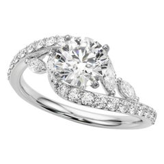 Bague en or blanc GIA 1,76 carat Round Curved Bypass Leaf & Vine 18K Diamond Ring