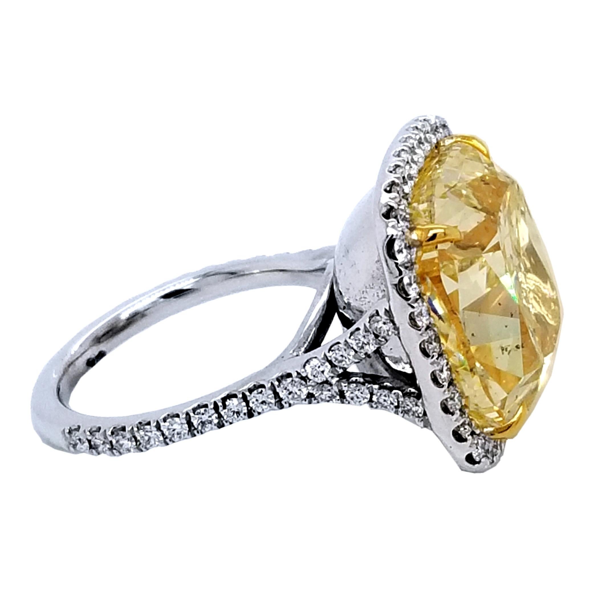 Contemporary GIA 17.63 Ct Yellow SI2 Cushion Diamond Pave 18K Engagement Ring with Halo For Sale