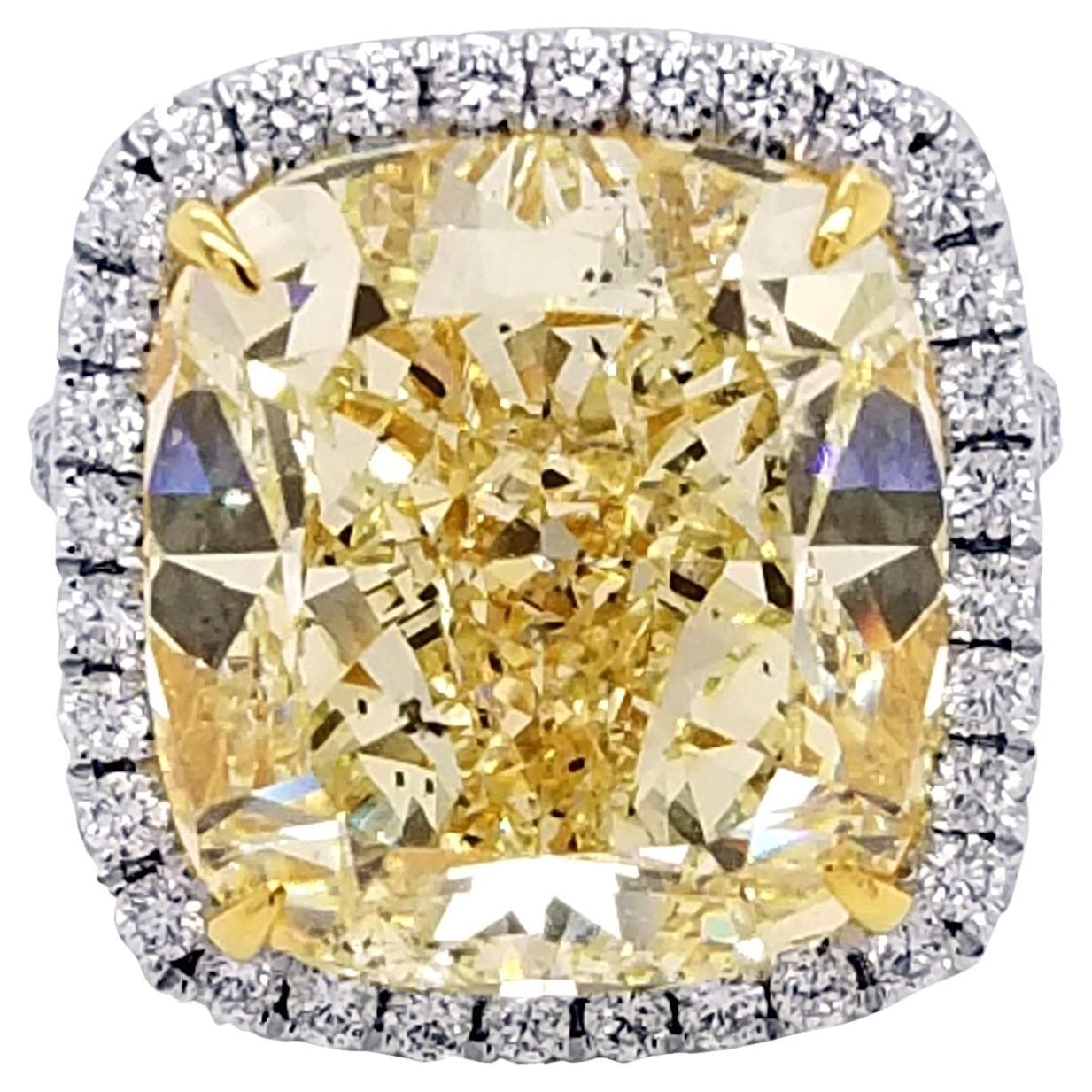 GIA 17.63 Ct Yellow SI2 Cushion Diamond Pave 18K Engagement Ring with Halo For Sale