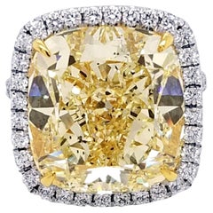 GIA 17.63 Ct Yellow SI2 Cushion Diamond Pave 18K Engagement Ring with Halo