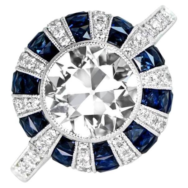 GIA 1.76ct Old Euro-cut Diamond Engagement Ring, Sapphire and Diamond Halo For Sale