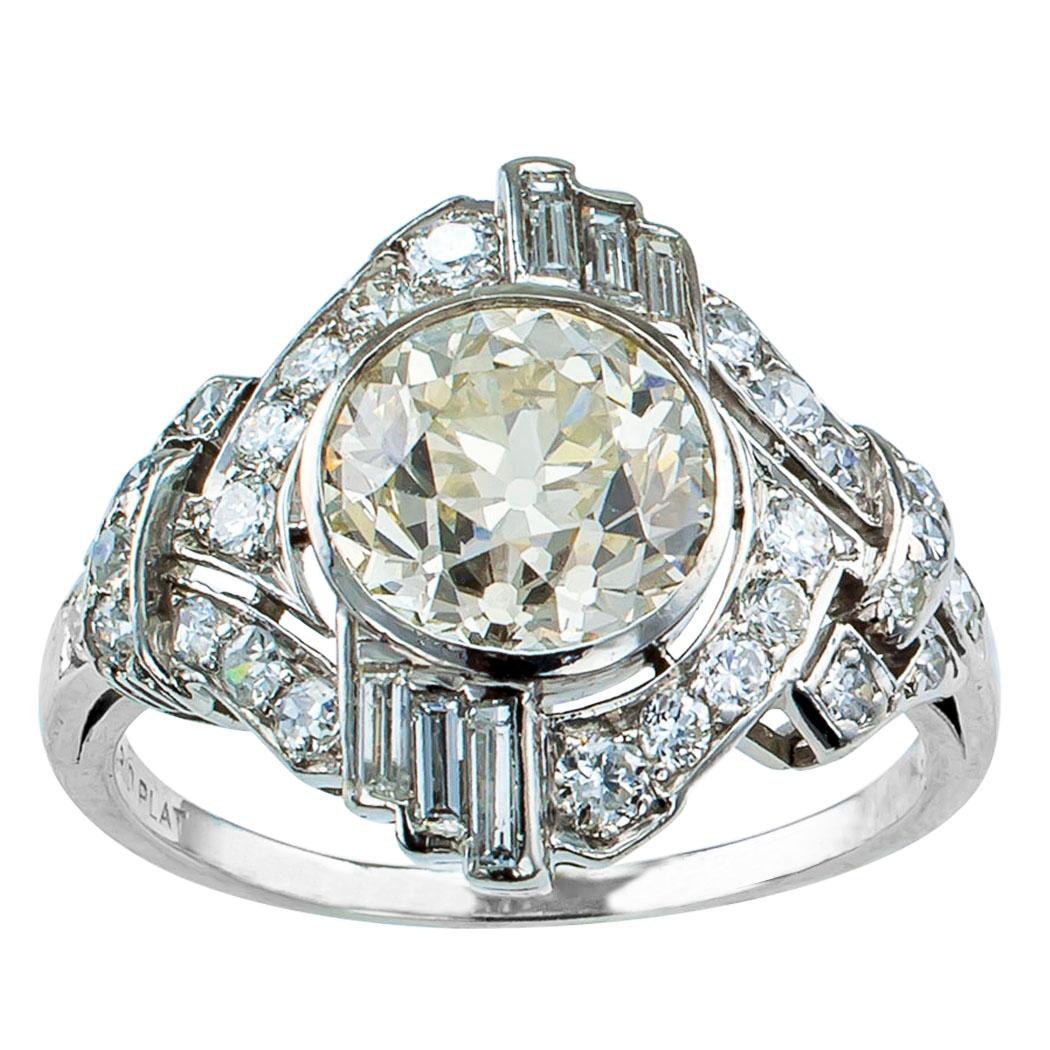 GIA 1.77 Carat Diamond Art Deco Platinum Engagement Ring