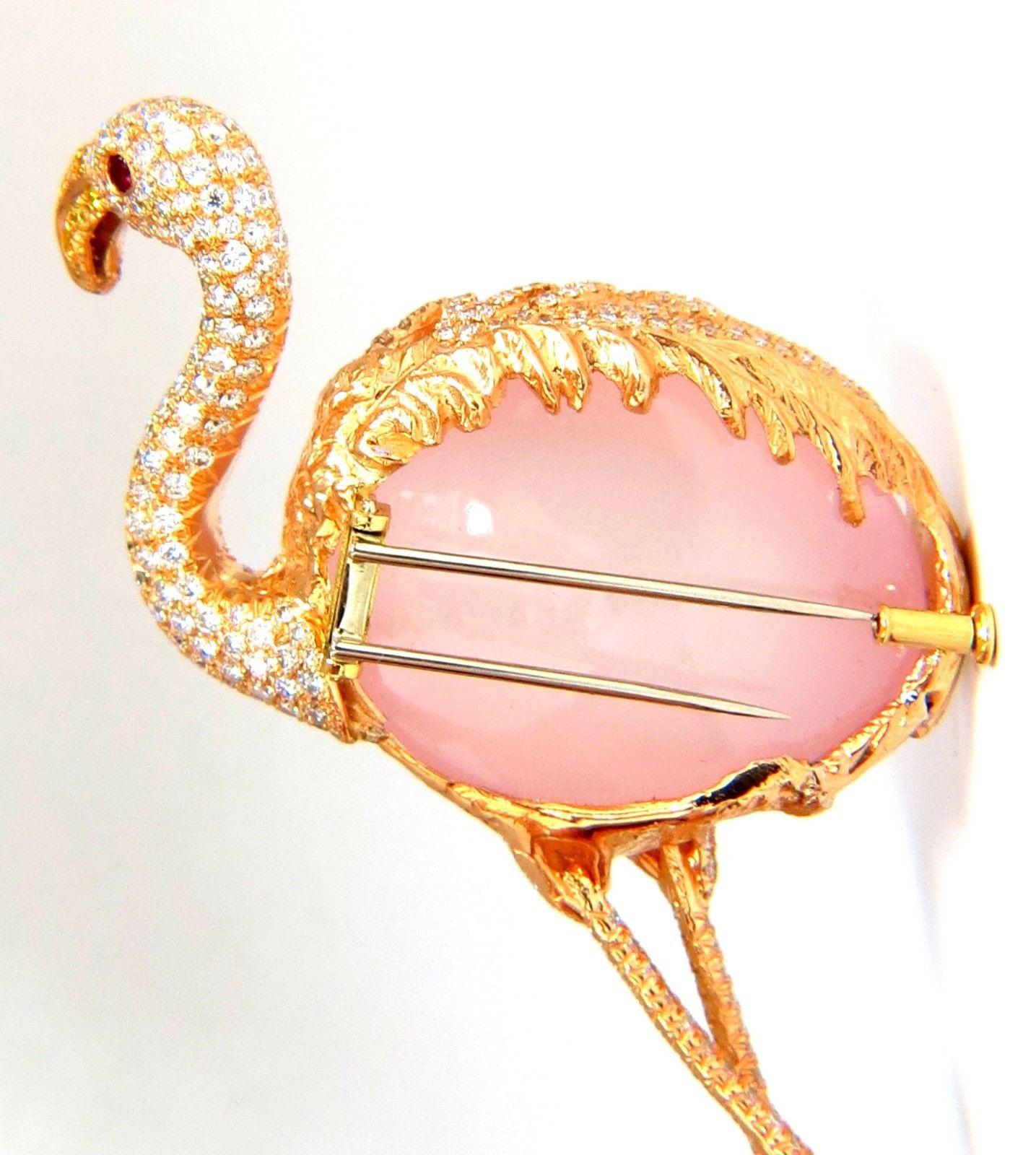 Round Cut GIA 178 Carat Natural Rose Quartz Artisan Sexy Flamingo Brooch Pin 18 Karat For Sale