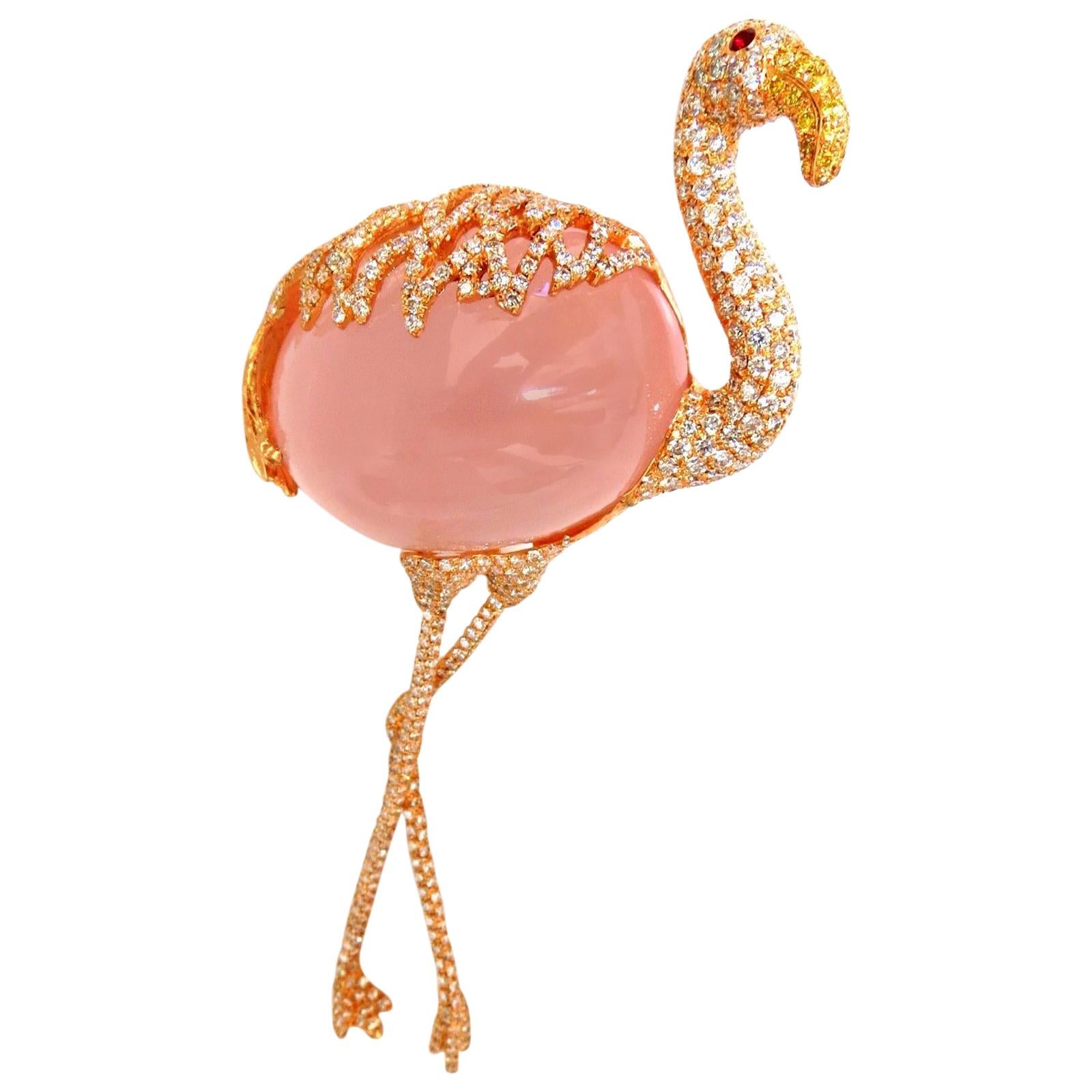 GIA 178 Carat Natural Rose Quartz Artisan Sexy Flamingo Brooch Pin 18 Karat For Sale