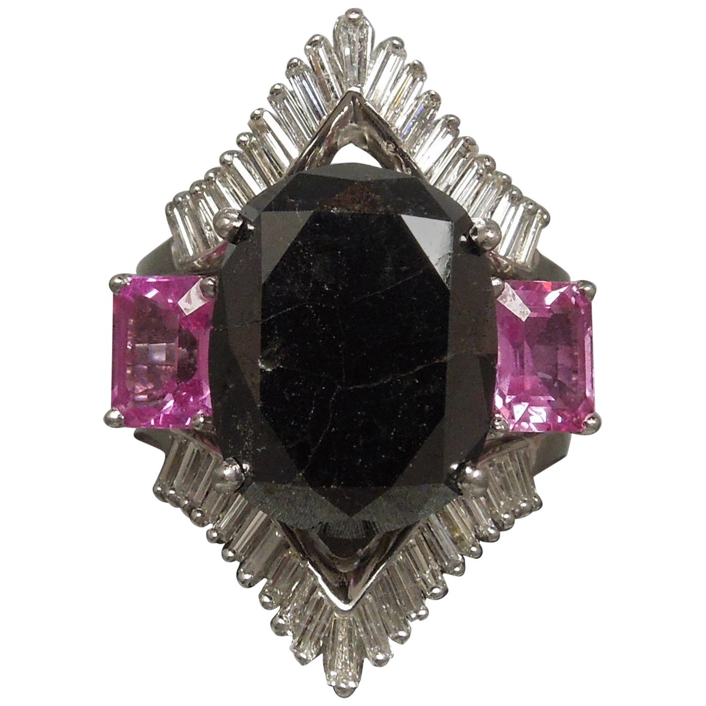 GIA 17.80 Carat Black Diamond and Pink Sapphire Ring For Sale