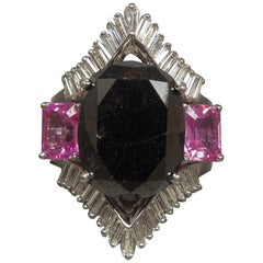 Vintage GIA 17.80 Carat Black Diamond and Pink Sapphire Ring