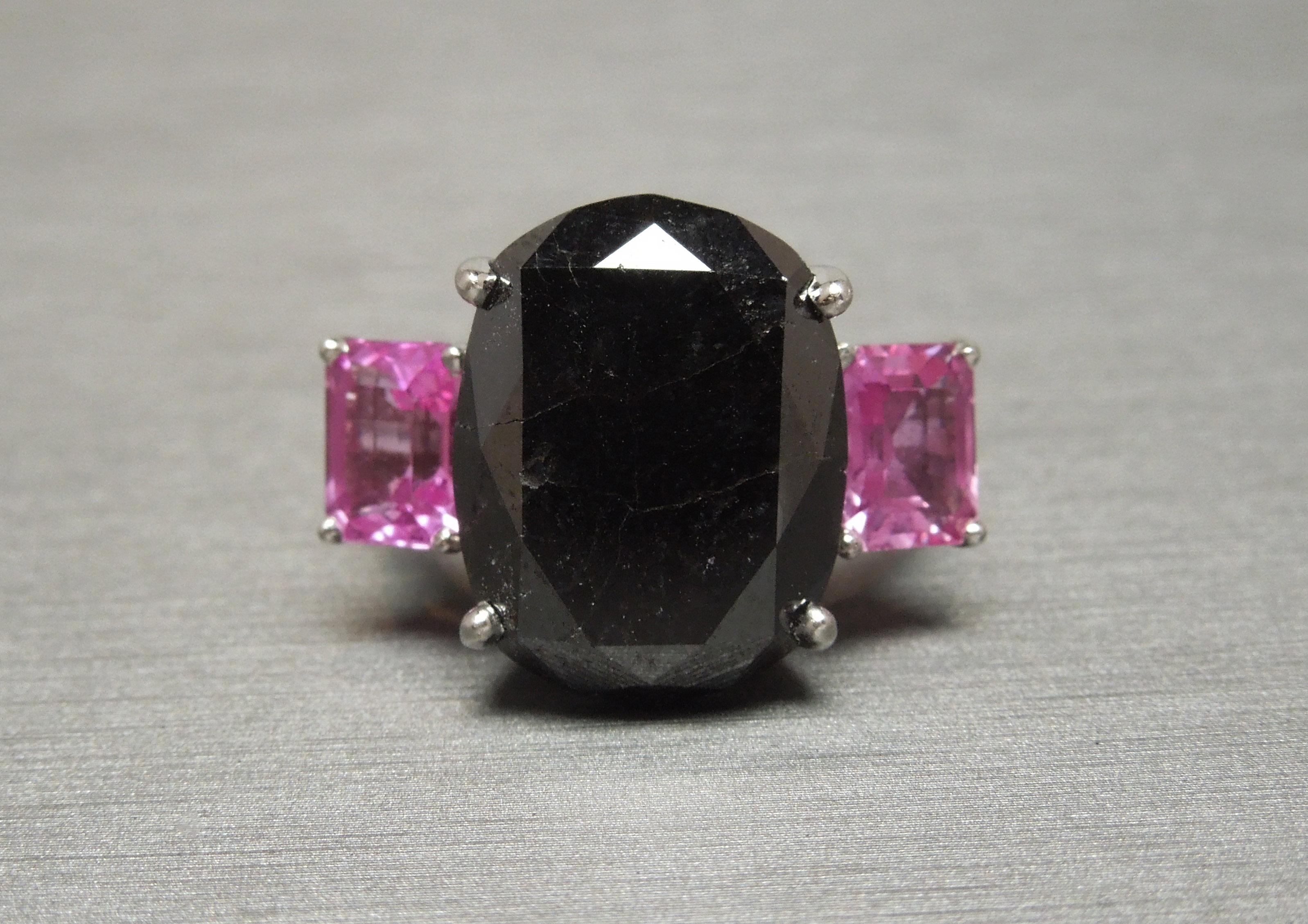 GIA 17.80 Carat Black Diamond and Pink Sapphire Ring For Sale 3
